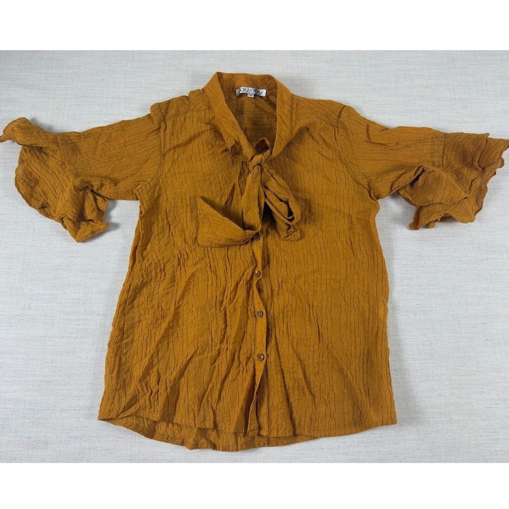 Joy Joy Mustard Yellow Tie Neck Ruffle Sleeve Button Down Blouse Small
